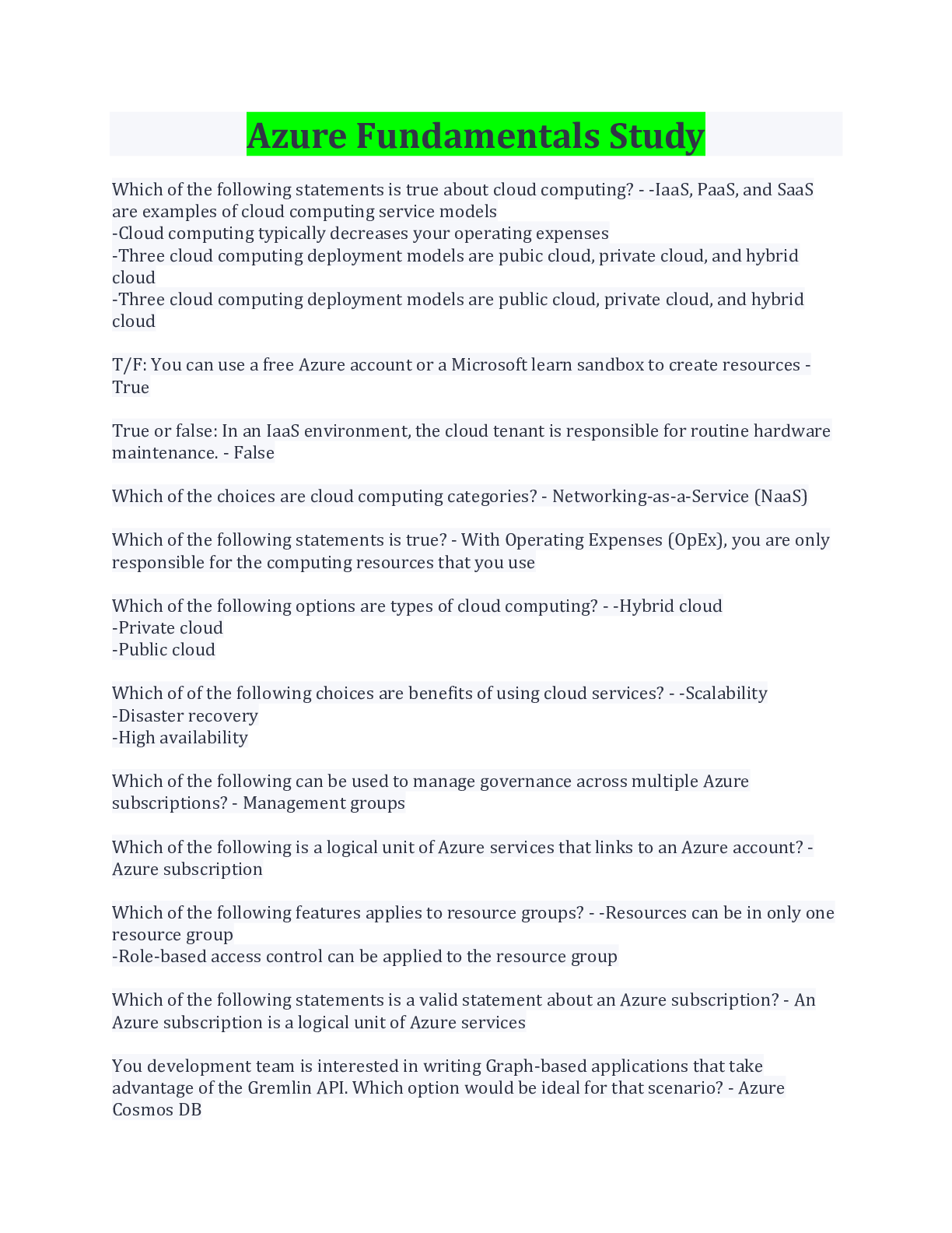 Preview image for Azure Fundamentals Study Questions And Answers